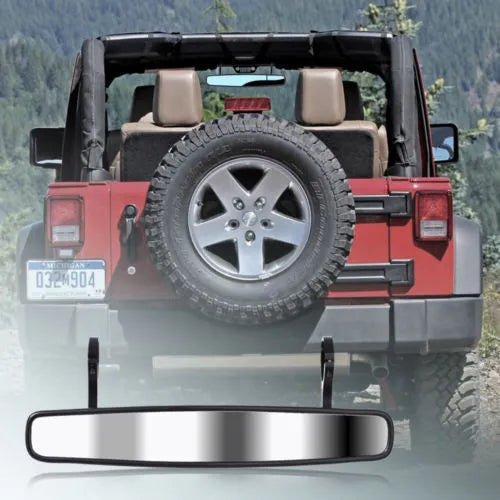 Black off-road wide-angle rearview mirror mounted on Polaris RZR roll cage
