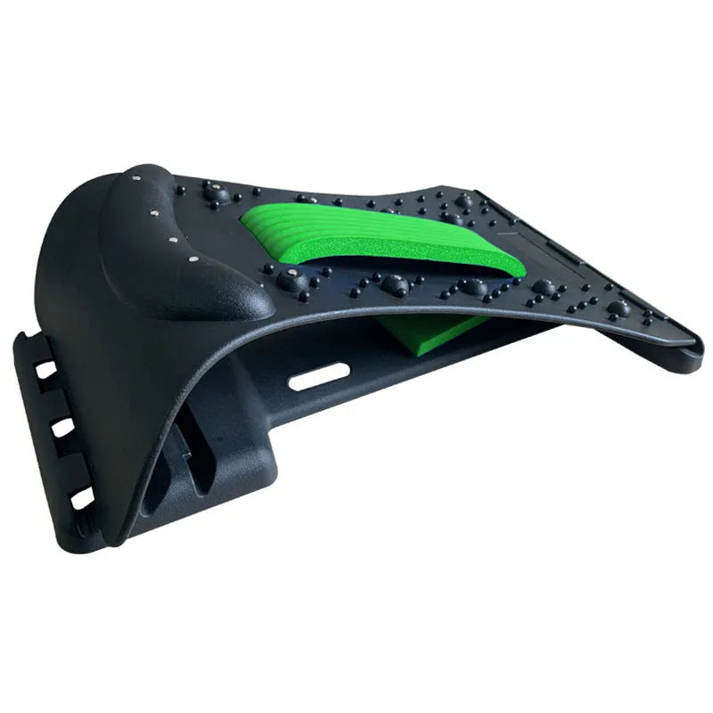 Adjustable back massager and lumbar stretcher in black and colour options, showing massage points.