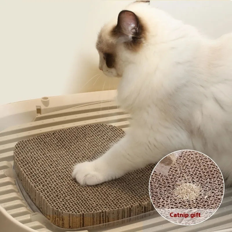 Fully enclosed extra large cat litter basin in medium grey with roll tail top entrance, deodorising film, cat shovel, and cat teasing pole
