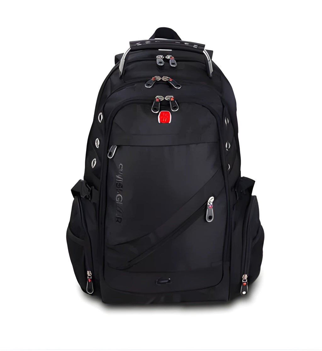 Black polyester travel outdoor backpack with shoulder pad, hard handle and metal element