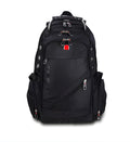 Black polyester travel outdoor backpack with shoulder pad, hard handle and metal element