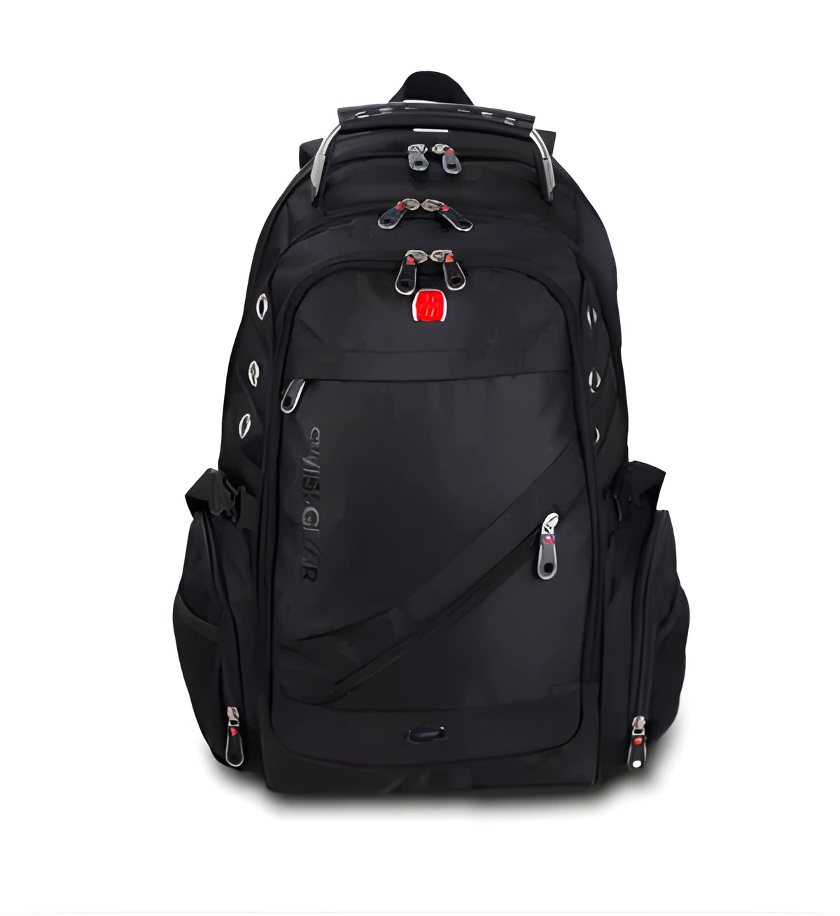 Black polyester travel outdoor backpack with shoulder pad, hard handle and metal element