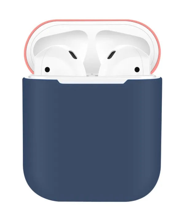 Silicone protective sleeve for Apple AirPods charging case shown in a selection of solid colours including black, blue, and pink.