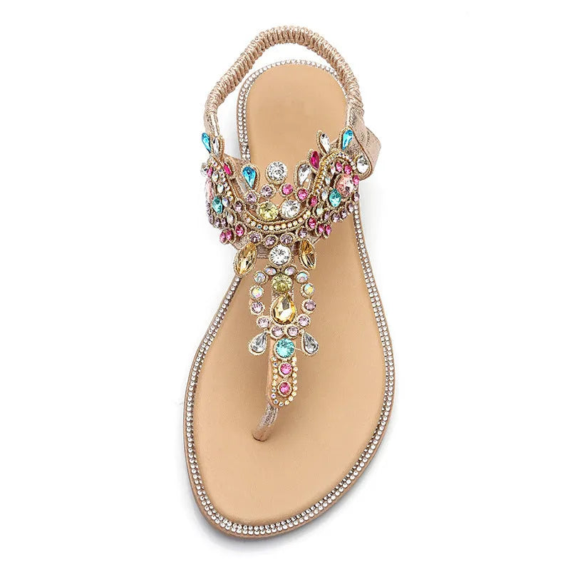 Gold sandals with colourful diamond decorations, low heel 1-3cm, and TPR sole