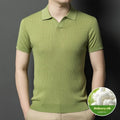 Man wearing a striped mulberry silk T-shirt with a lapel neckline and short sleeves.