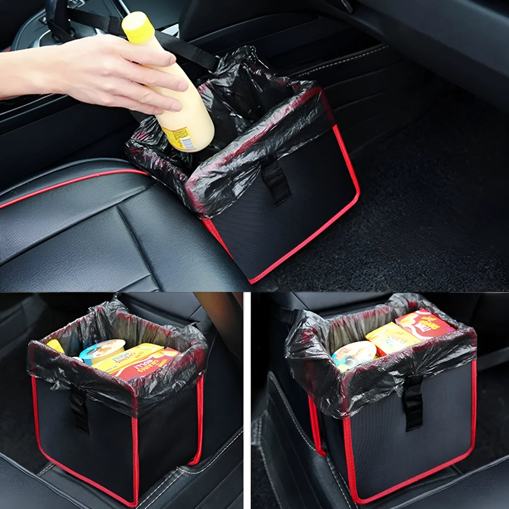 Foldable Oxford car wastebasket 22x22x15cm hanging from car seat with snap closures