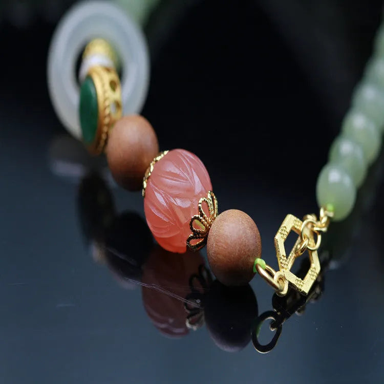 Natural Hetian jade hand-carved red lotus beads necklace and bracelet set with white sandalwood beeswax elements