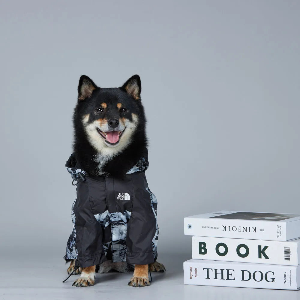 Dog wearing a windproof cotton coat with Five Generation Snow Mountain pattern, polyester material, available in sizes S to 5XL