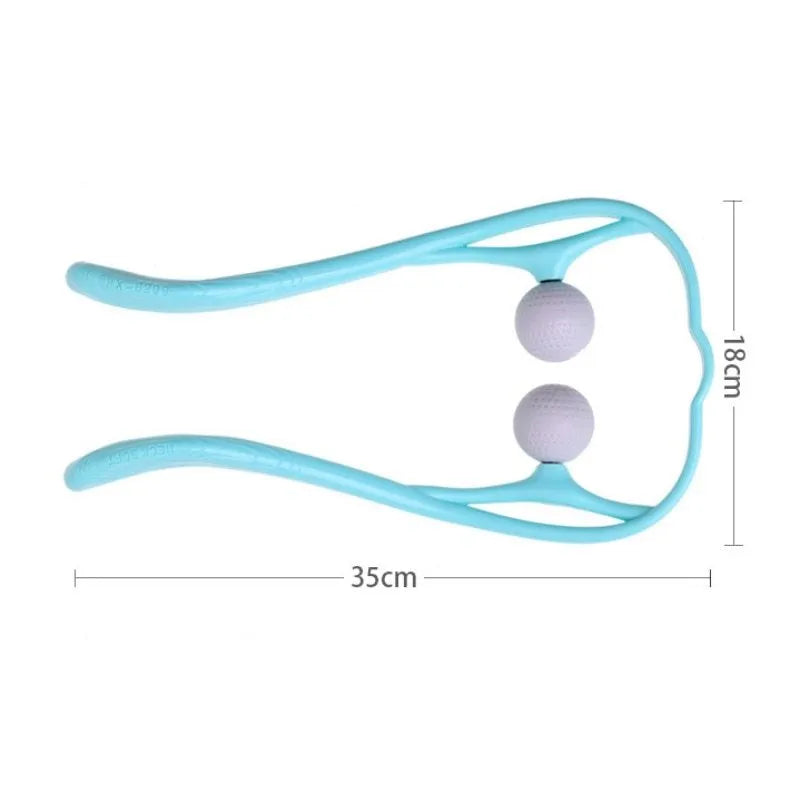A pink plastic hand-held neck massager with a swan-neck shape and removable roller head for pressure point therapy.