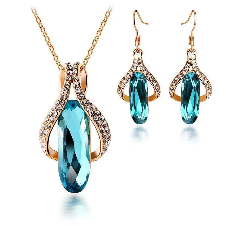 Gold-plated peacock blue earrings and pendant set for women, alloy jewellery with electroplated finish