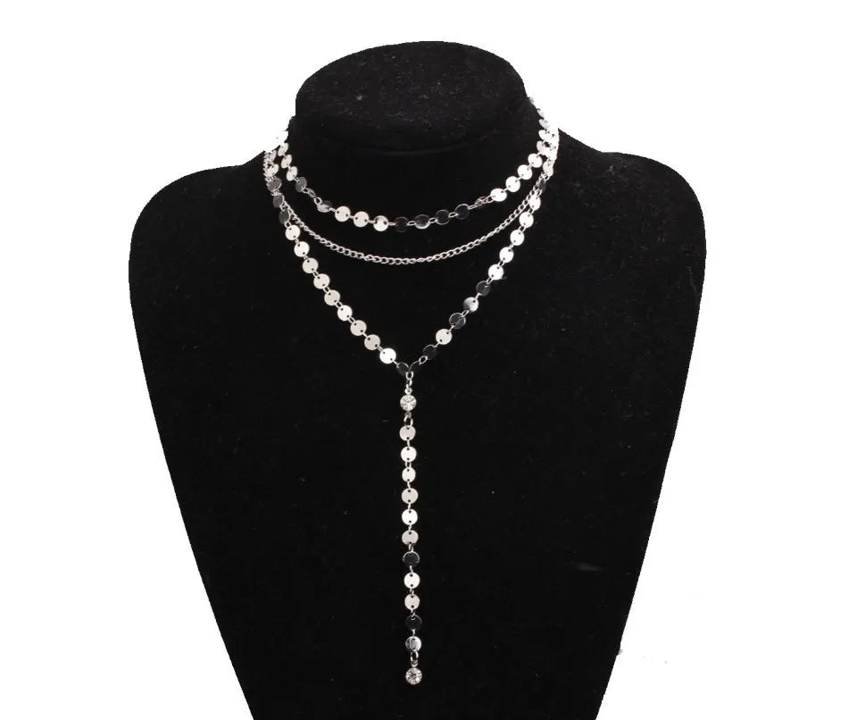 Coin choker necklace with rhinestone and crystal accents, 40cm chain, gold and silver plating options