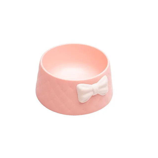 Bow cat bowl and dog bowl in PP plastic, shown in pink, green and grey colour options for pet feeding.