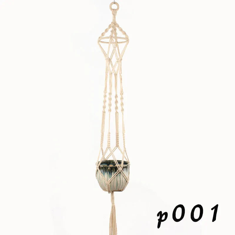 Cotton rope woven wire plant holder with rustic design for hanging or desktop display