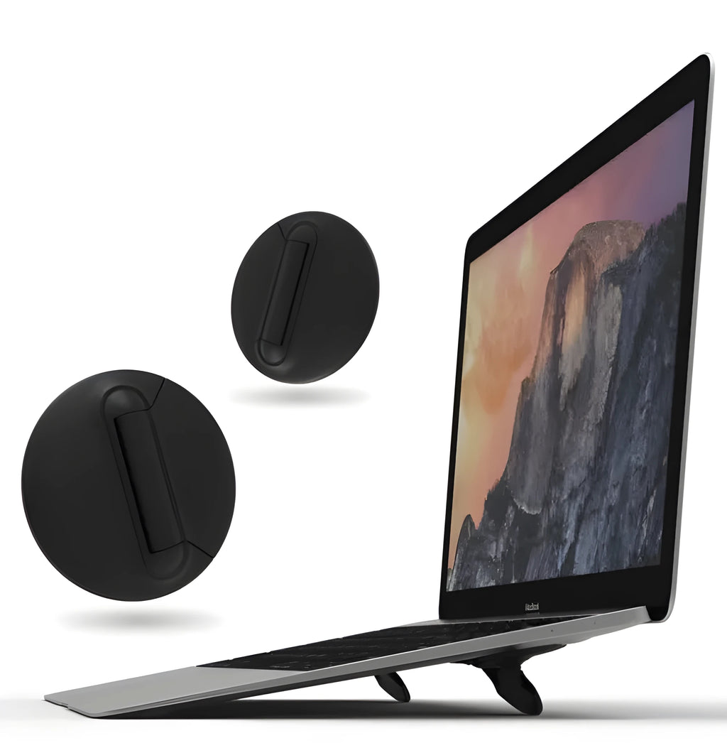 Two black ABS adjustable mini portable laptop stands on a desk under a silver laptop