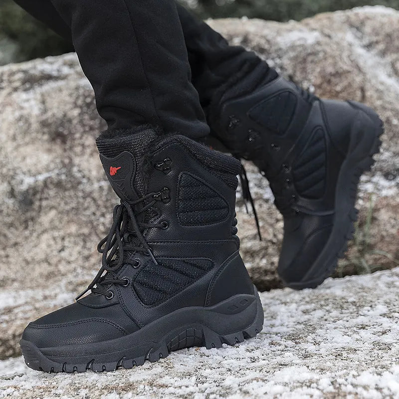 Men's brown and black snow boots with rubber sole, elastic band, and cotton lining, sizes 39-46