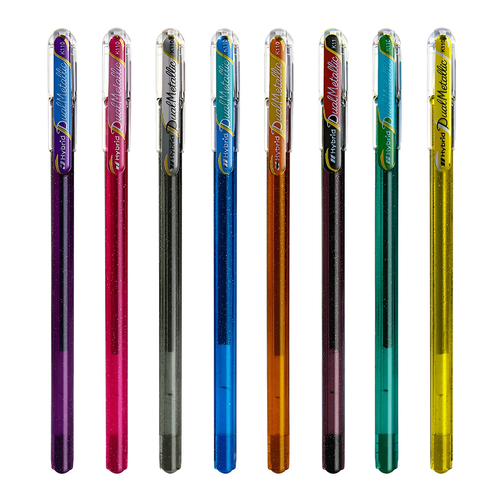Flash K110 1.0mm gel pen with pearlescent glitter ink in eight colour options showing shimmer writing sample