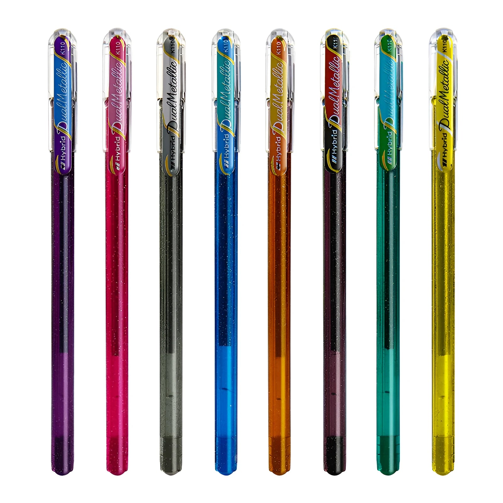 Flash K110 1.0mm gel pen with pearlescent glitter ink in eight colour options showing shimmer writing sample