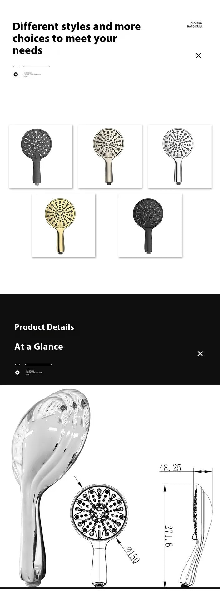 Chrome handheld shower head with six function buttons on a 6-inch ABS plastic body.