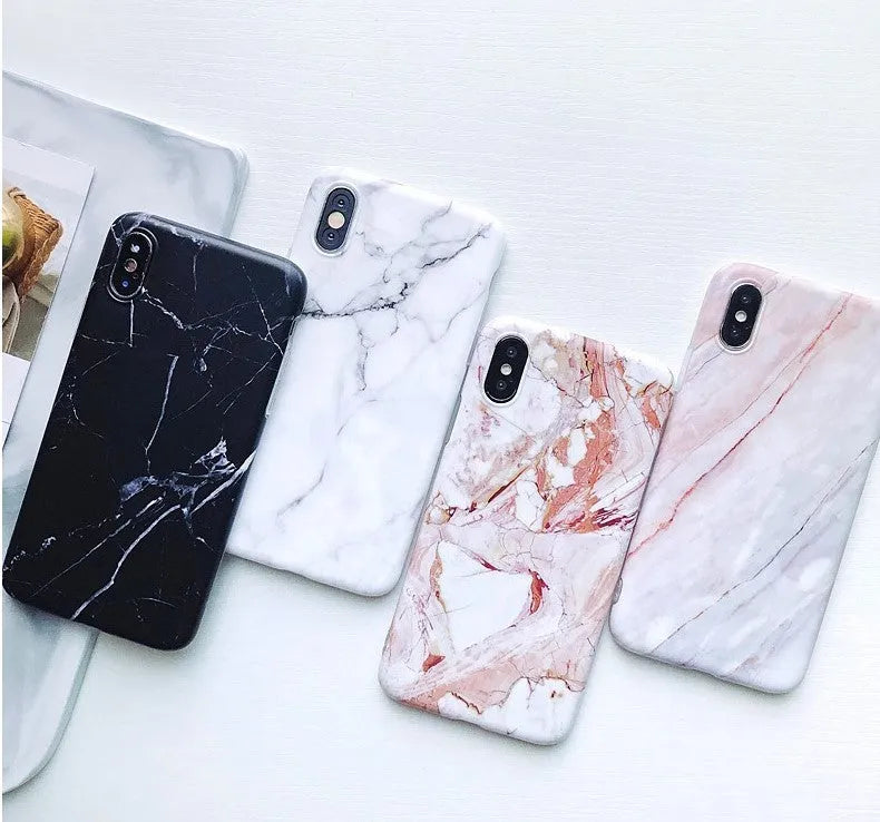 Silicone marble and camouflage phone case for iPhone 6 to XS Max in white crack, black crack, white marble, red, and nude
