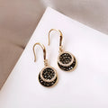 Black geometric round earrings with retro Hong Kong style, 3.6cm length