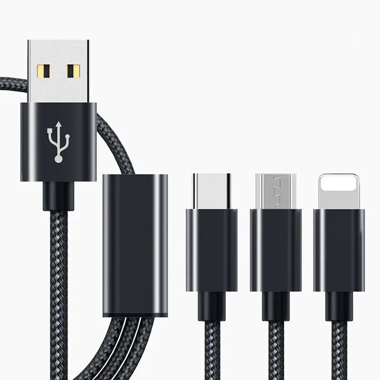 Three-in-one mobile phone charging cable in six colour options with 1.2 metre length