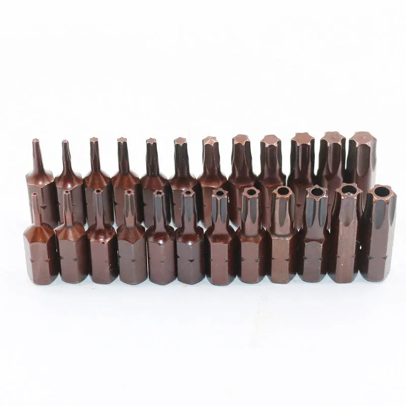 12-piece T6 to T40 magnetic screwdriver bit set with hollow and solid hexagon designs in black steel
