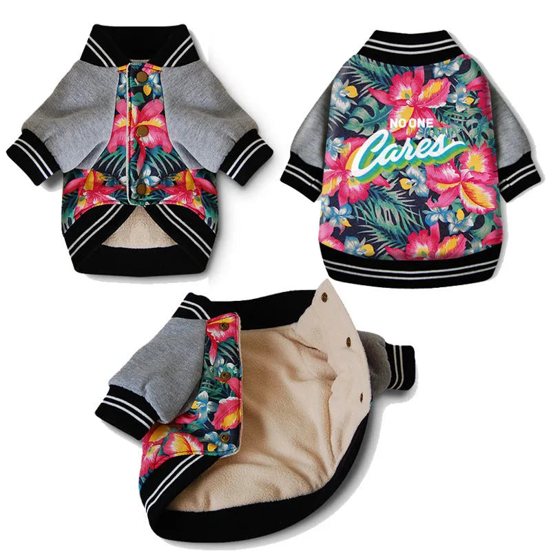 Red stretch printed two-legged dog clothes for pitbull with cotton fleece lining on a light background