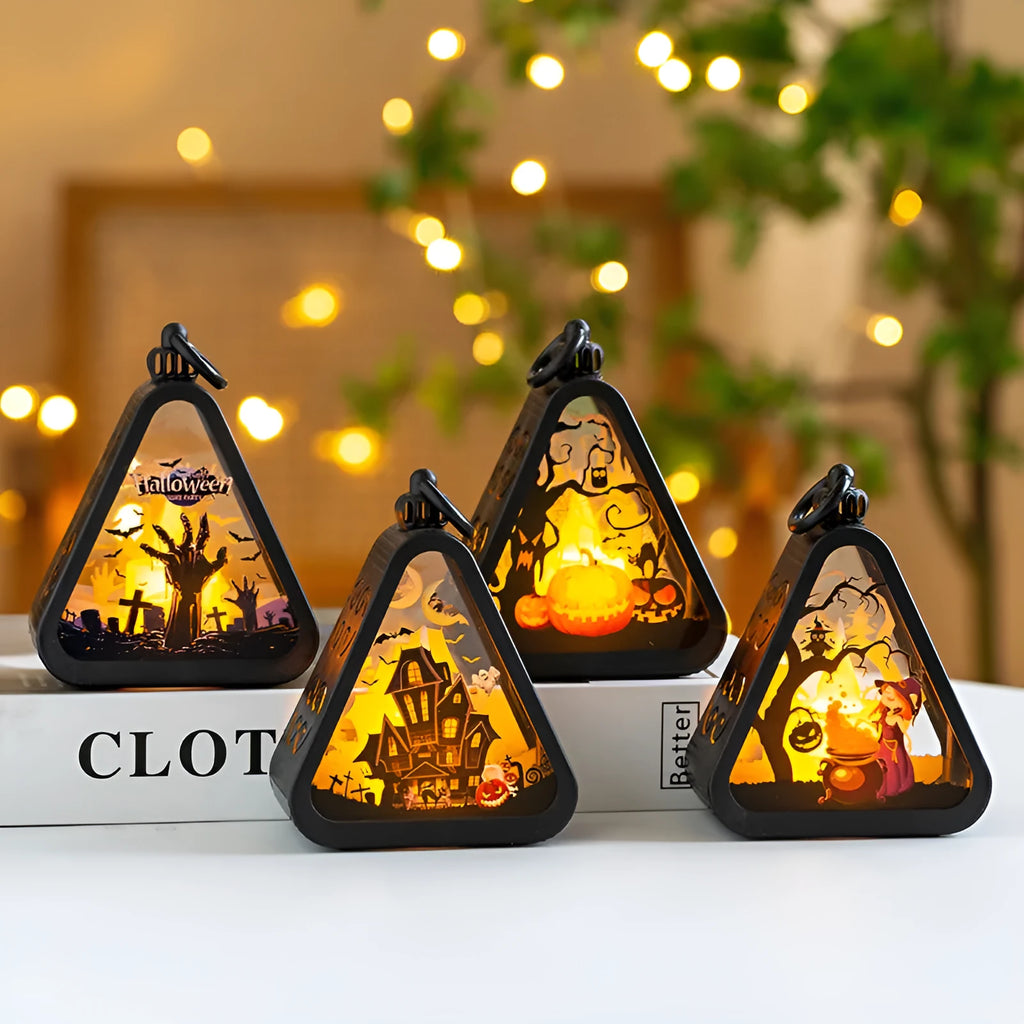Small plastic Halloween pumpkin lamp decoration in choice of Castle, Ghost Hand, Pumpkin, or Witch design