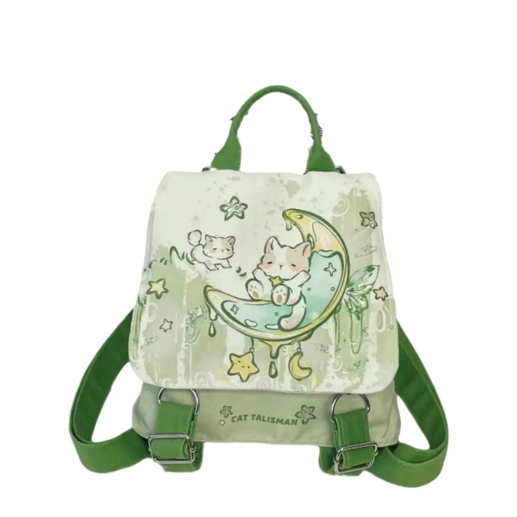 Mint green backpack with spliced design, polyester fabric, and sandwich pockets on neutral background.