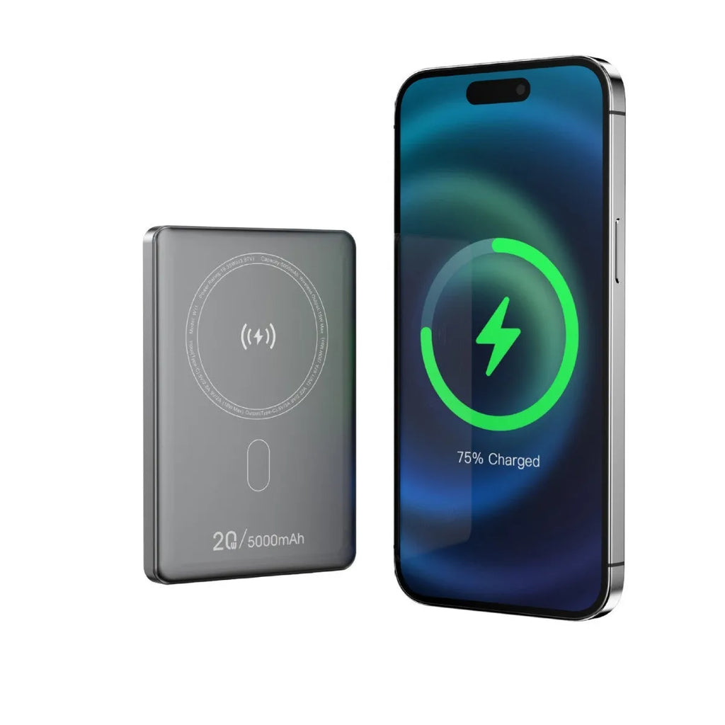 Wireless power bank with alloy shell in black, front view showing magnetic charging surface