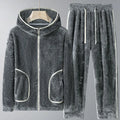 Winter coral fleece heavy velvet zipper cardigan pajama suit in gray with hood and long sleeves