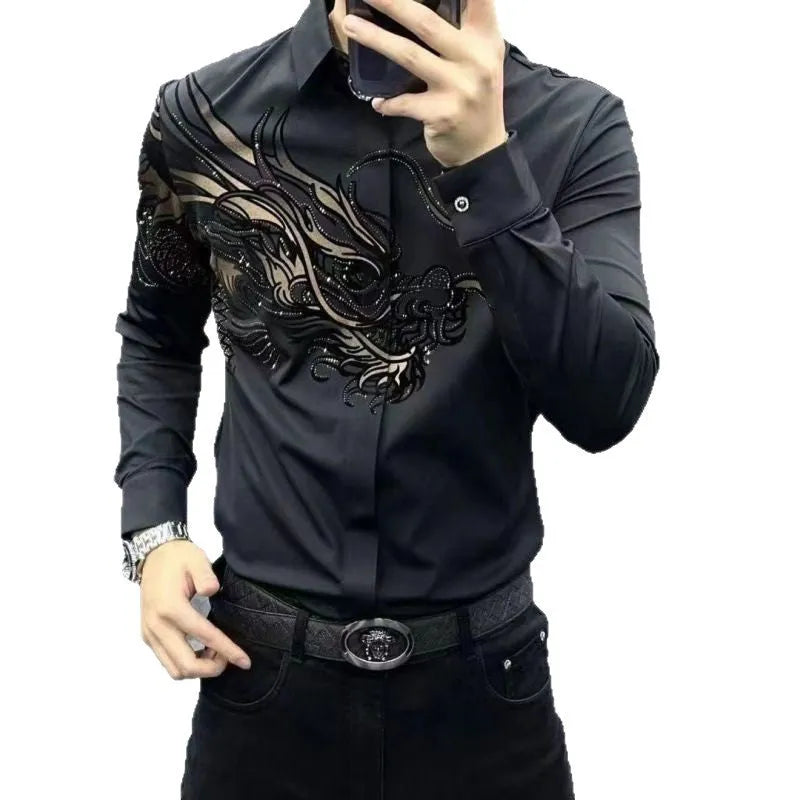 Men's black Ice Silk viscose printed shirt with advanced print design, available in sizes M to 5XL for large-size men