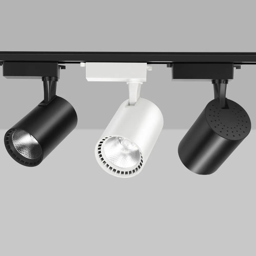 LED track spotlight in black with 24-degree beam angle and 10W power, suitable for jewellery and retail lighting