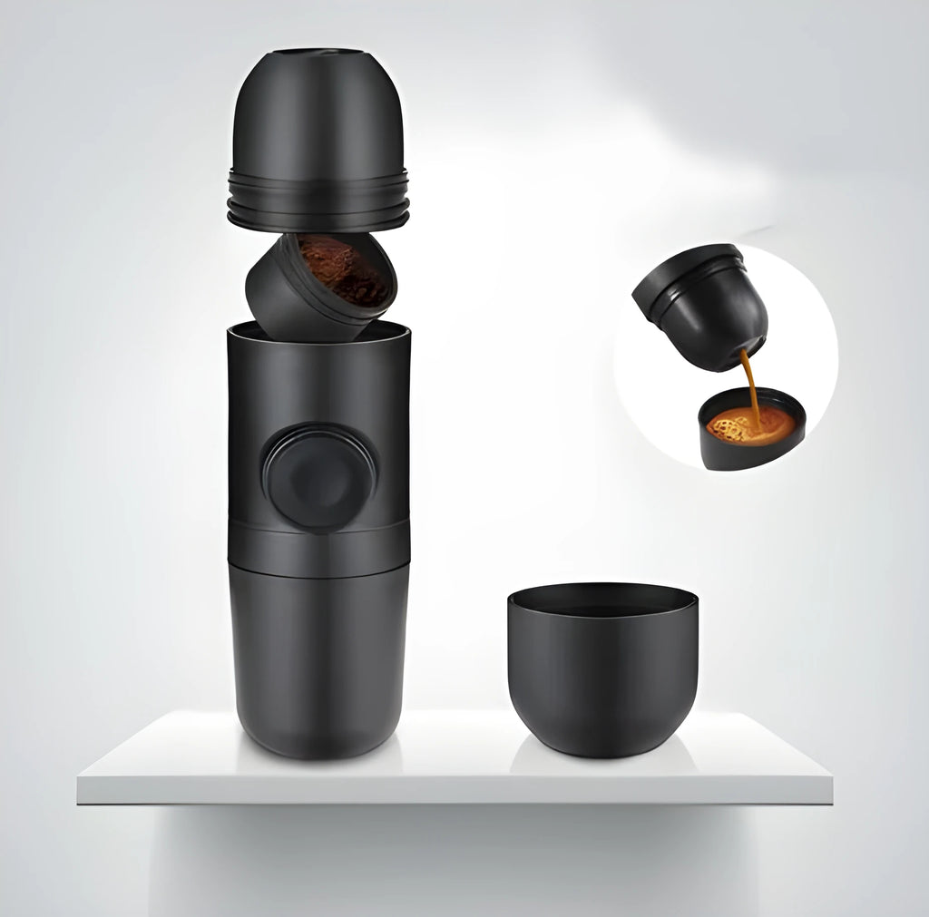 Black portable manual espresso machine showing 6cm diameter and 17.5cm height with stainless steel and plastic components.