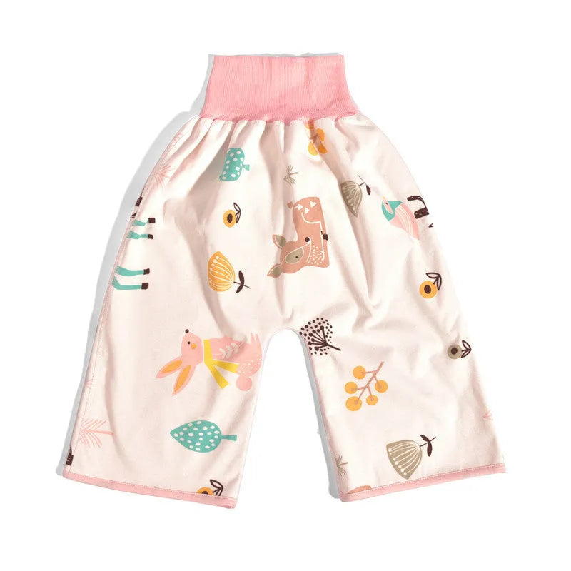 High waist baby diaper training pants in blue car cartoon print, showing elastic waistband.