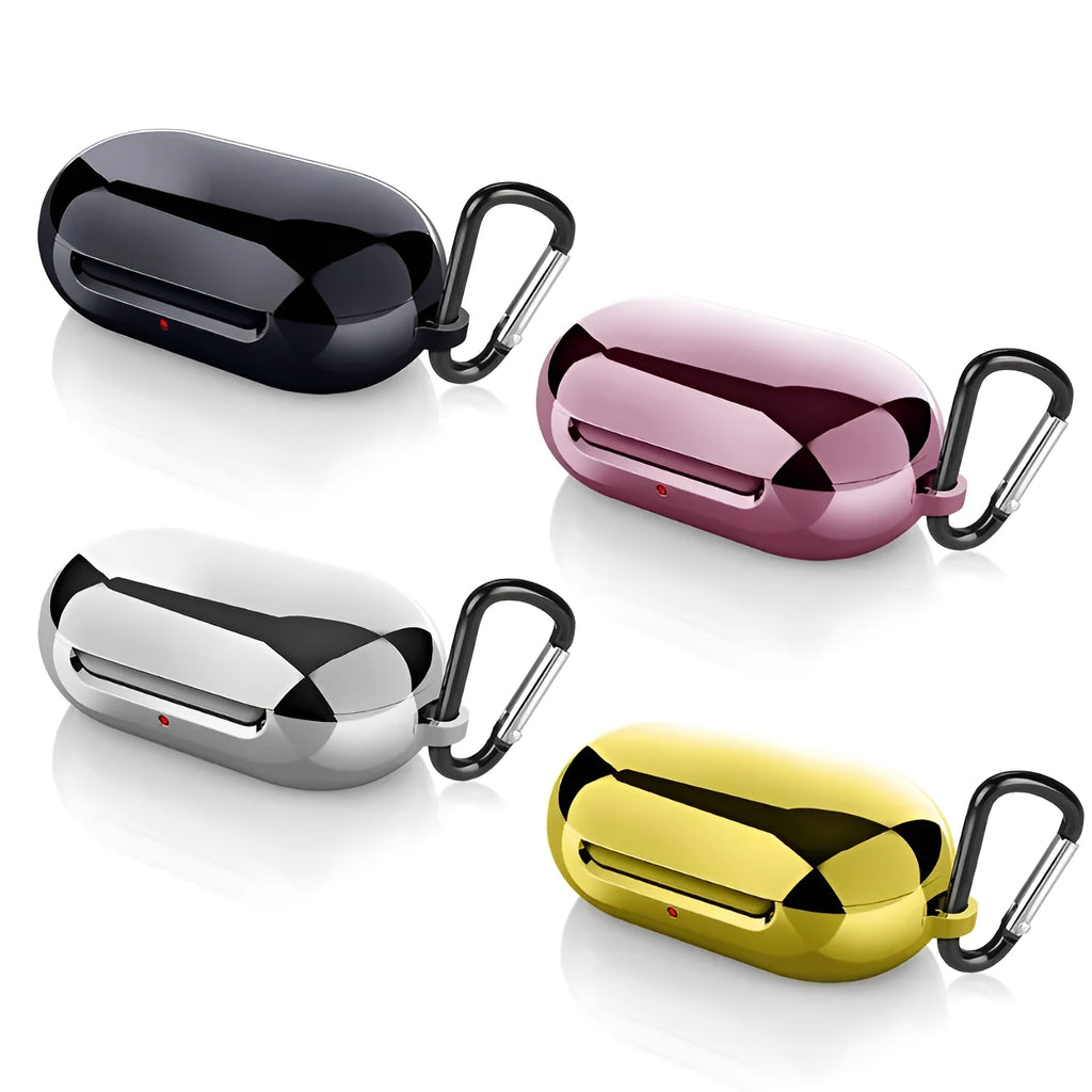 Black silicone protective case for iPhone AirPods and Samsung Galaxy Buds charging box, shown next to silver and pink versions.