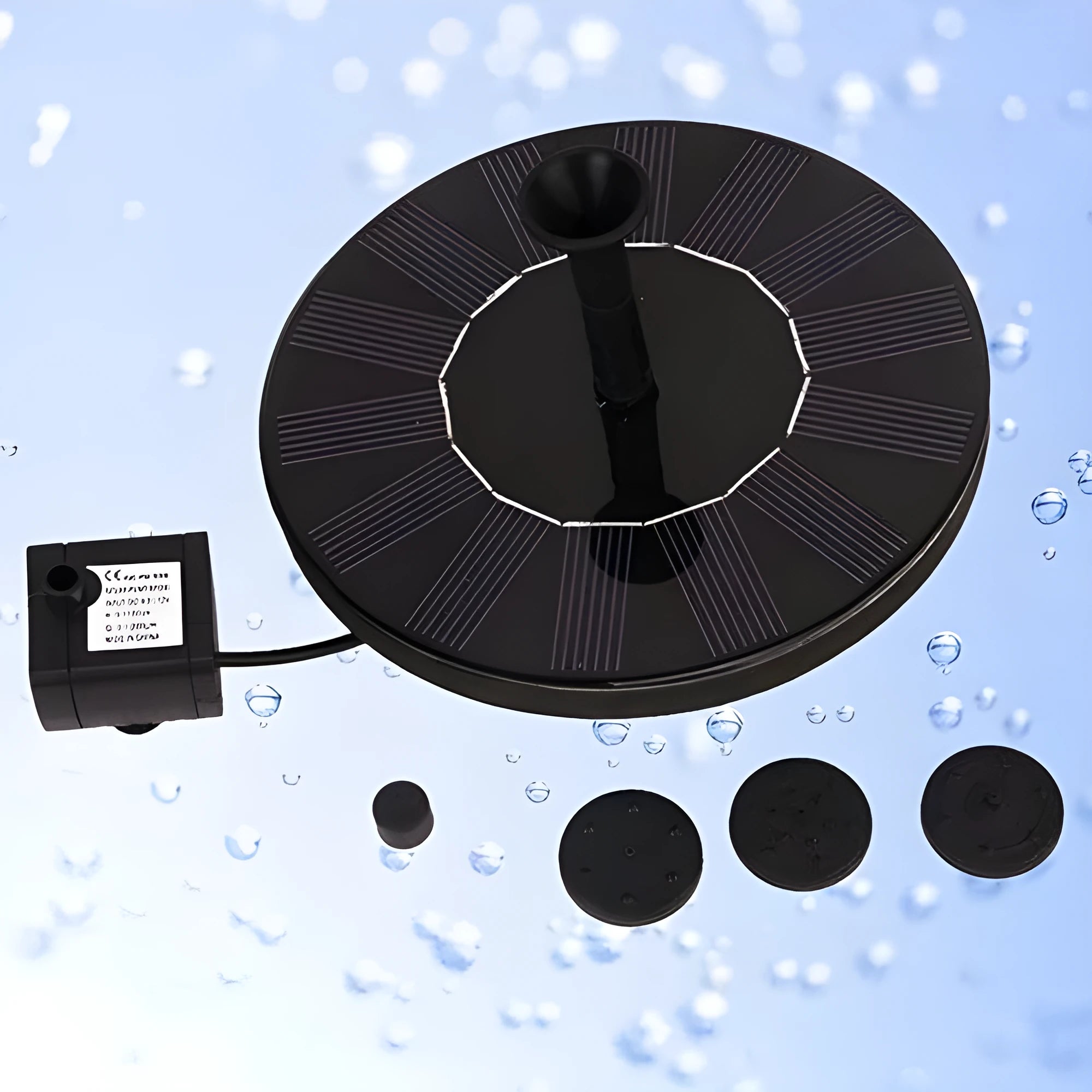 Round 16cm solar fountain pump with solar panel for garden water features.