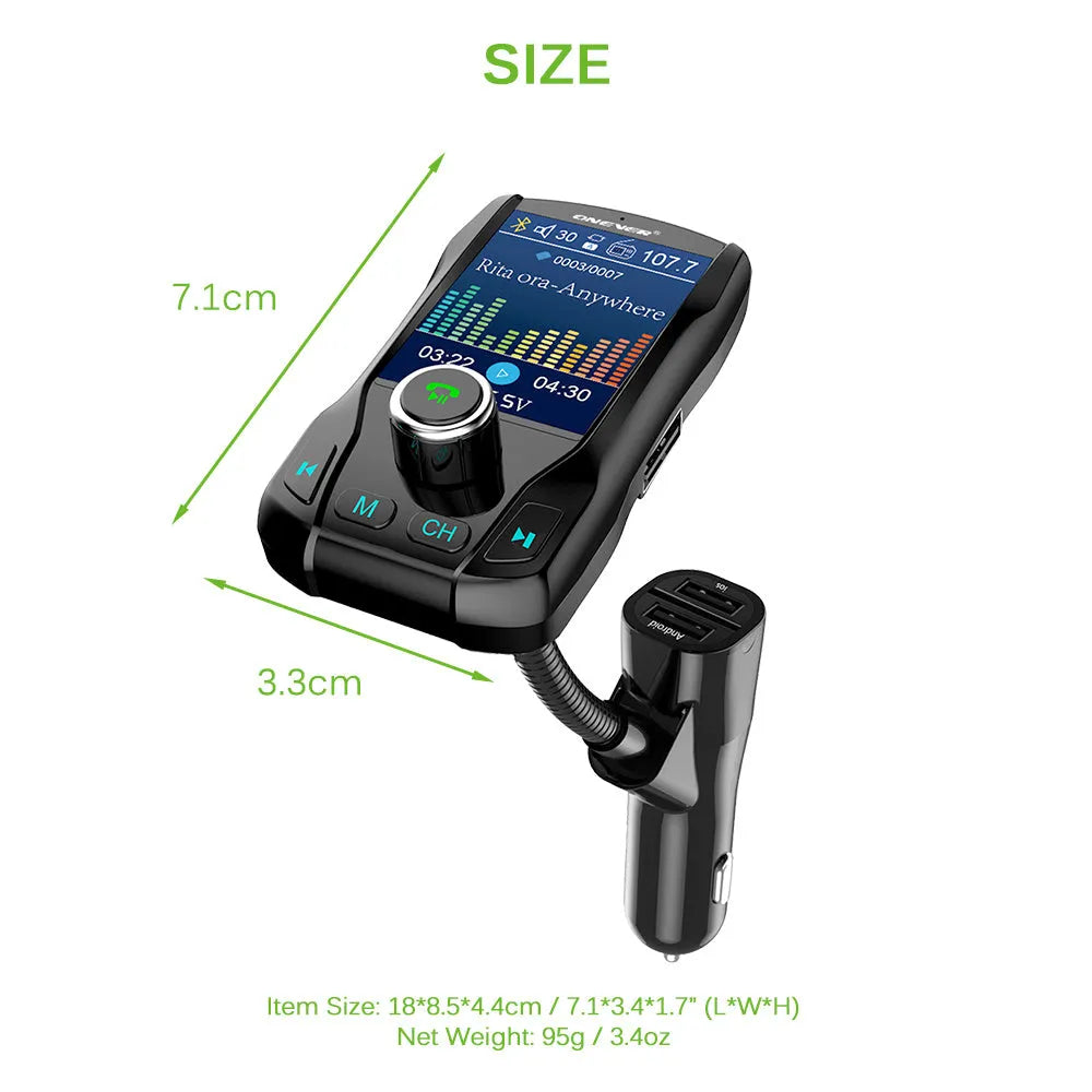 Black car FM transmitter with colour screen and dual USB ports plugged into a car dashboard