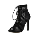 Black suede women's lace-up high heel shoes showing 11.5cm heel and ankle fastening