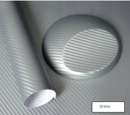 3D carbon fiber vinyl film car sticker roll in black texture with air guide groove visible on adhesive side