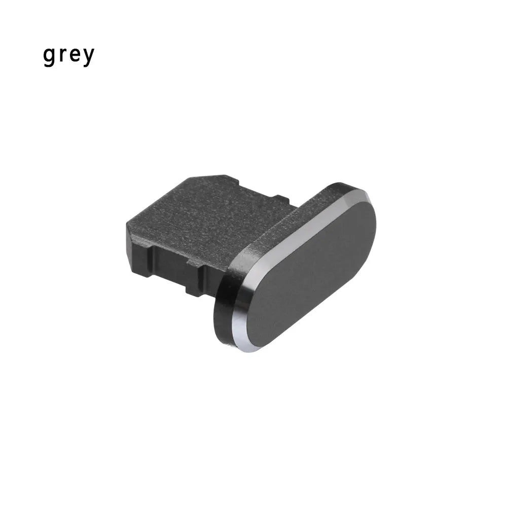 Aluminium alloy dust plug for iPhone Lightning charging port in various metallic colours.
