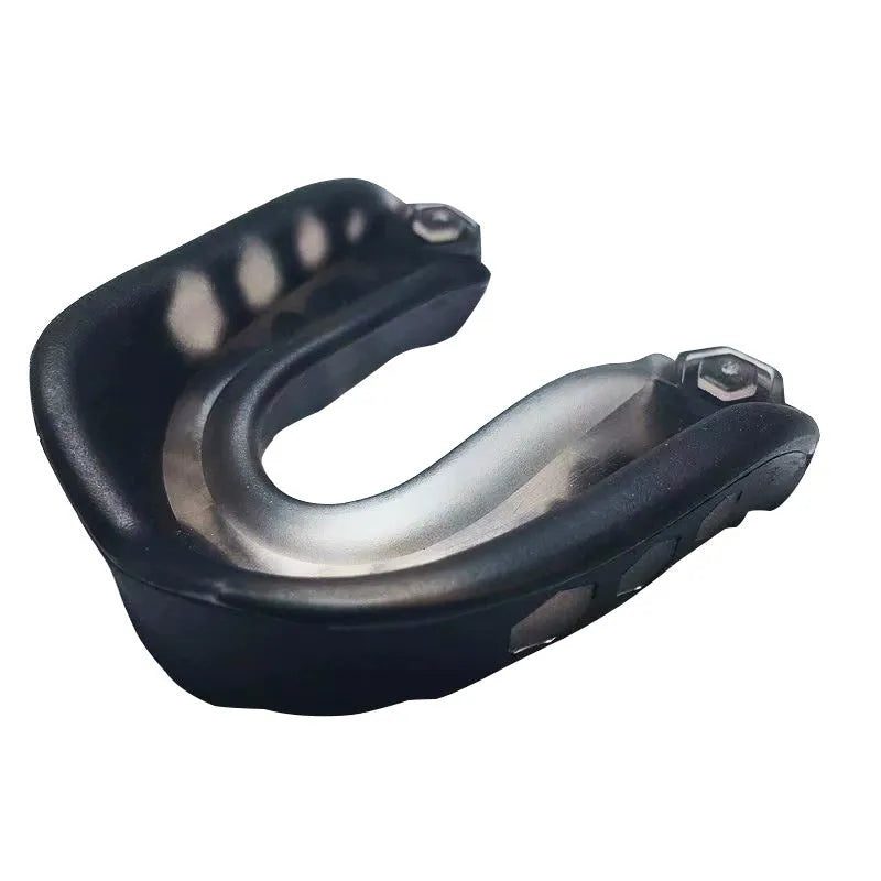Boxing Sanda mouth guard with silicone double density, transparent lock box, and black colour option on white background