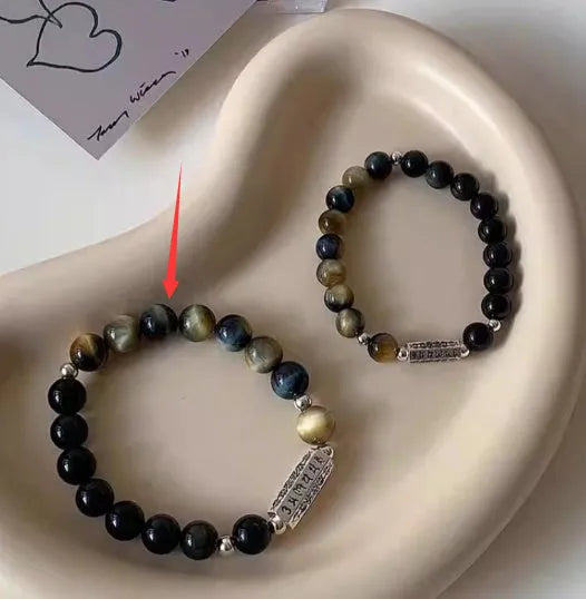 Tigereye Obsidian stone and sterling silver bracelet with geometric round beads and mantra engraving