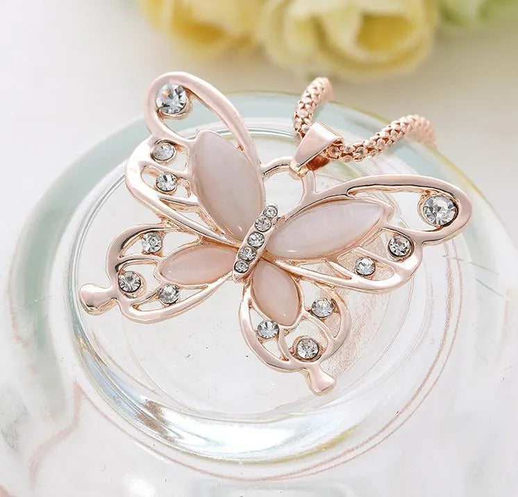 Butterfly Spirit Necklace with alloy pendant, snake bone chain, and gold or rose colour options