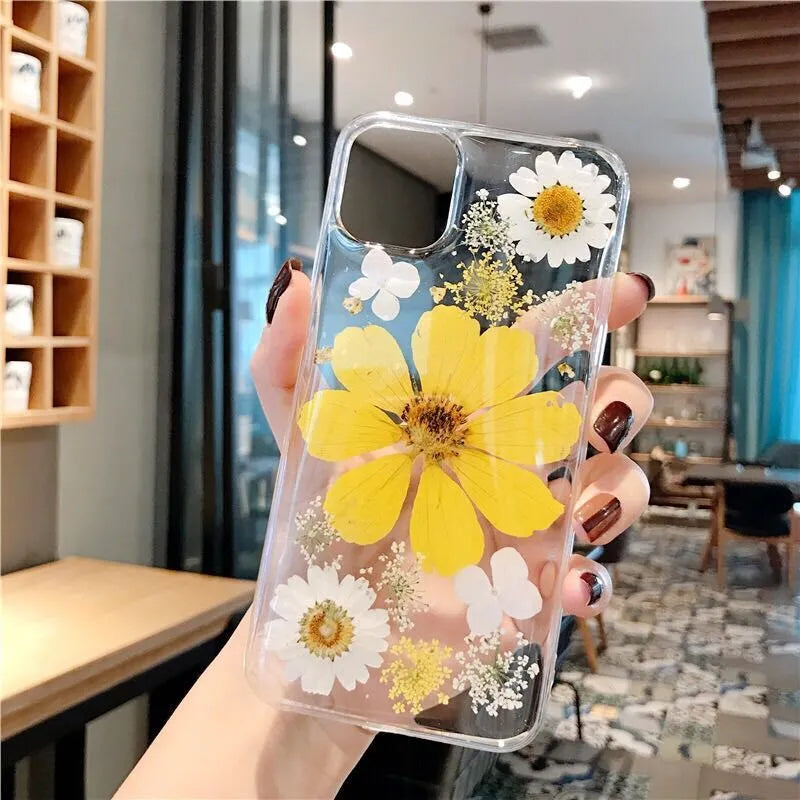 Flexible pink and yellow floral print TPU back cover case for iPhone.