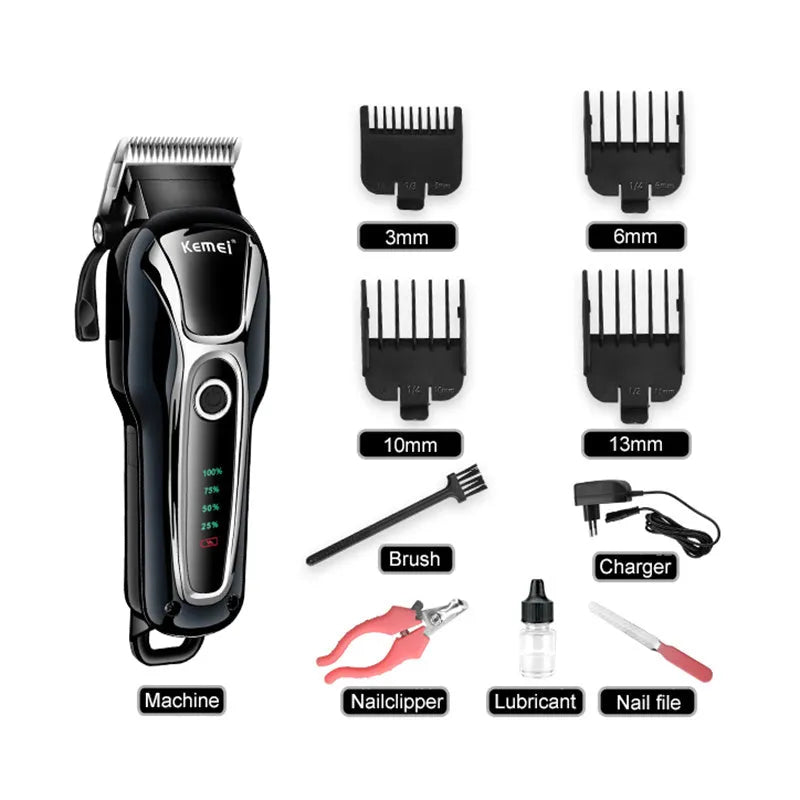 Black rechargeable pet shaver and clipper with 5W motor, patented mobile blade, and 120-minute runtime