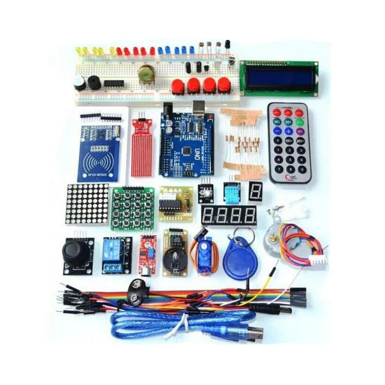 RFID upgraded Arduino starter kit with stepper motor, UNO board, breadboard, LCD and various sensor modules on a table