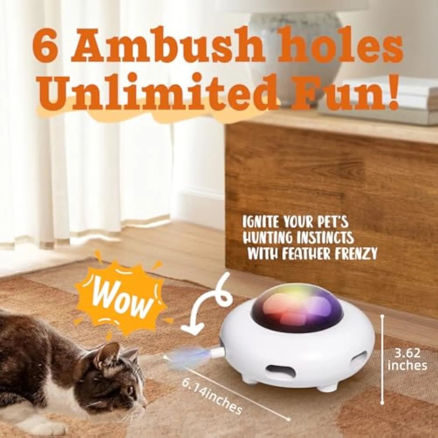 White UFO-shaped interactive cat toy with colourful feathers and LED lights for indoor feline enrichment