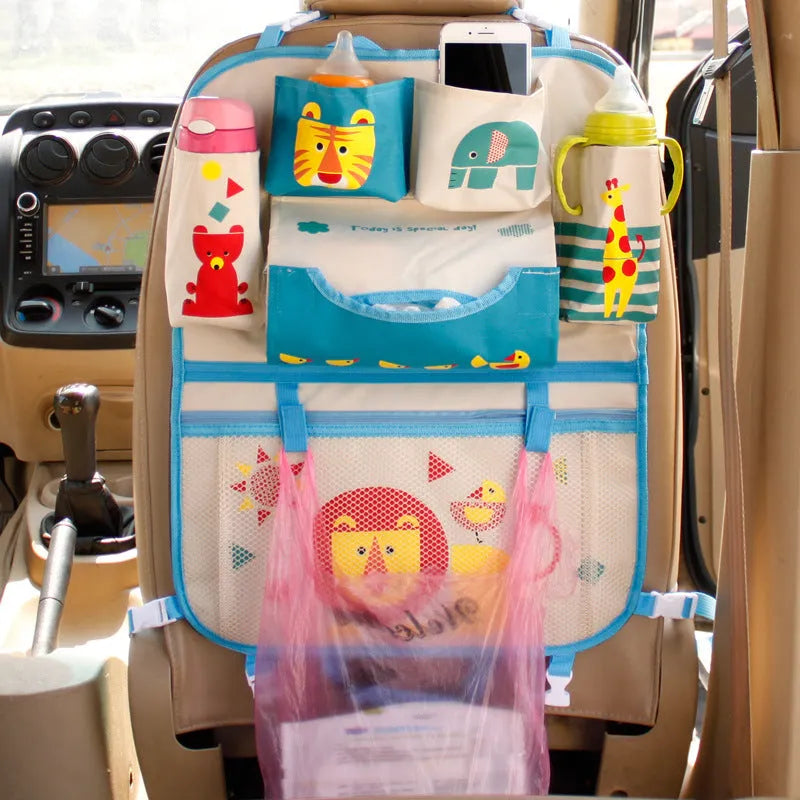 Set of six cartoon car storage bags in assorted styles A1, A2, A3, A4, A5, A6 for seat back organisation