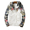 Men's light floral print hooded jacket in black with zipper and side pockets